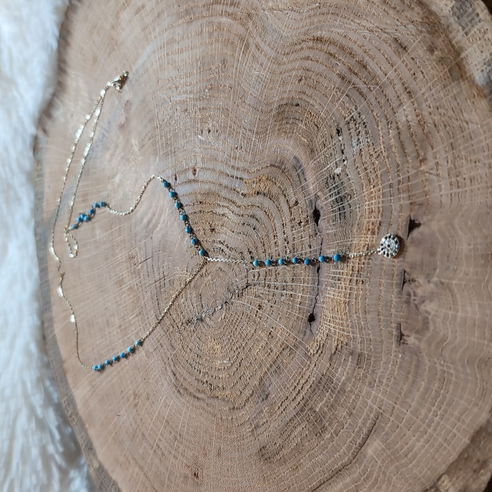 Elegant Gold Necklace with Sapphire Turqioise Accents and Evil Eye Design - Picture 2 of 12